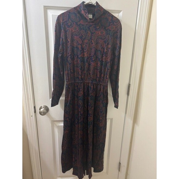 Lands End VTG Mockneck Long Sleeve Midi Dress Size 10-12P PURPLE Paisley USA - Picture 1 of 10